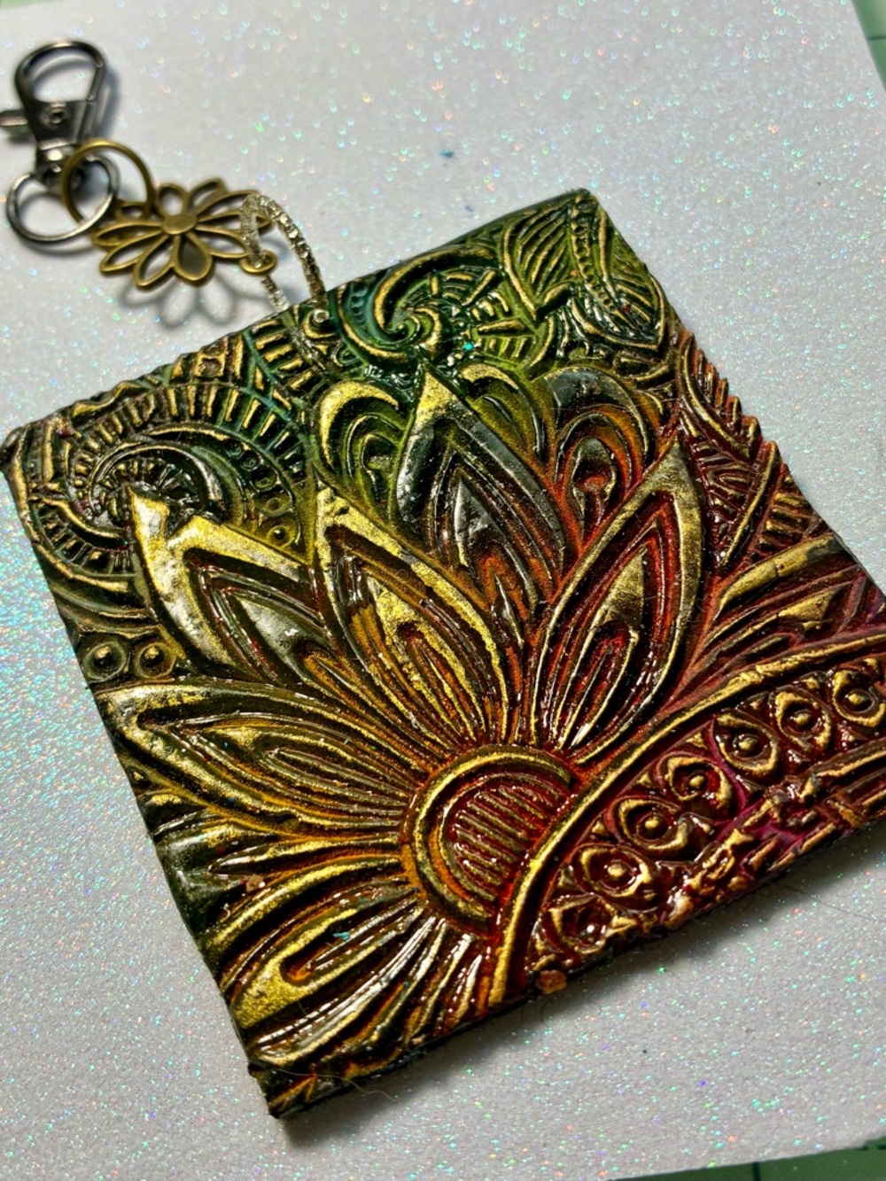 Iridescent Sunflower Embossed Keychain Pendant